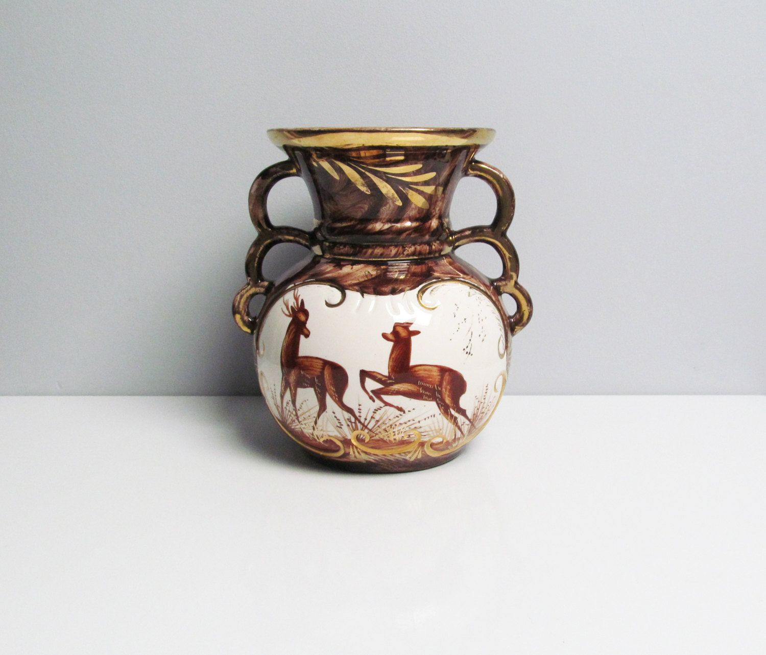 22 Unique Gold Ceramic Vase 2024 free download gold ceramic vase of vintage large ceramic vase brown glaze gold rim handpainted forest throughout vintage large ceramic vase brown glaze gold rim handpainted forest scene wilderness deer bu