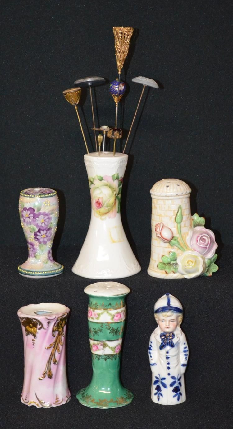 18 Fabulous Nippon Moriage Vase 2024 free download nippon moriage vase of 4 china hatpin holders sander and shaker and 8 hatpins 1 4 pertaining to 4 hatpin holders 1 moriage decorated schafer german lustre germany with yellow roses 8 hatpins